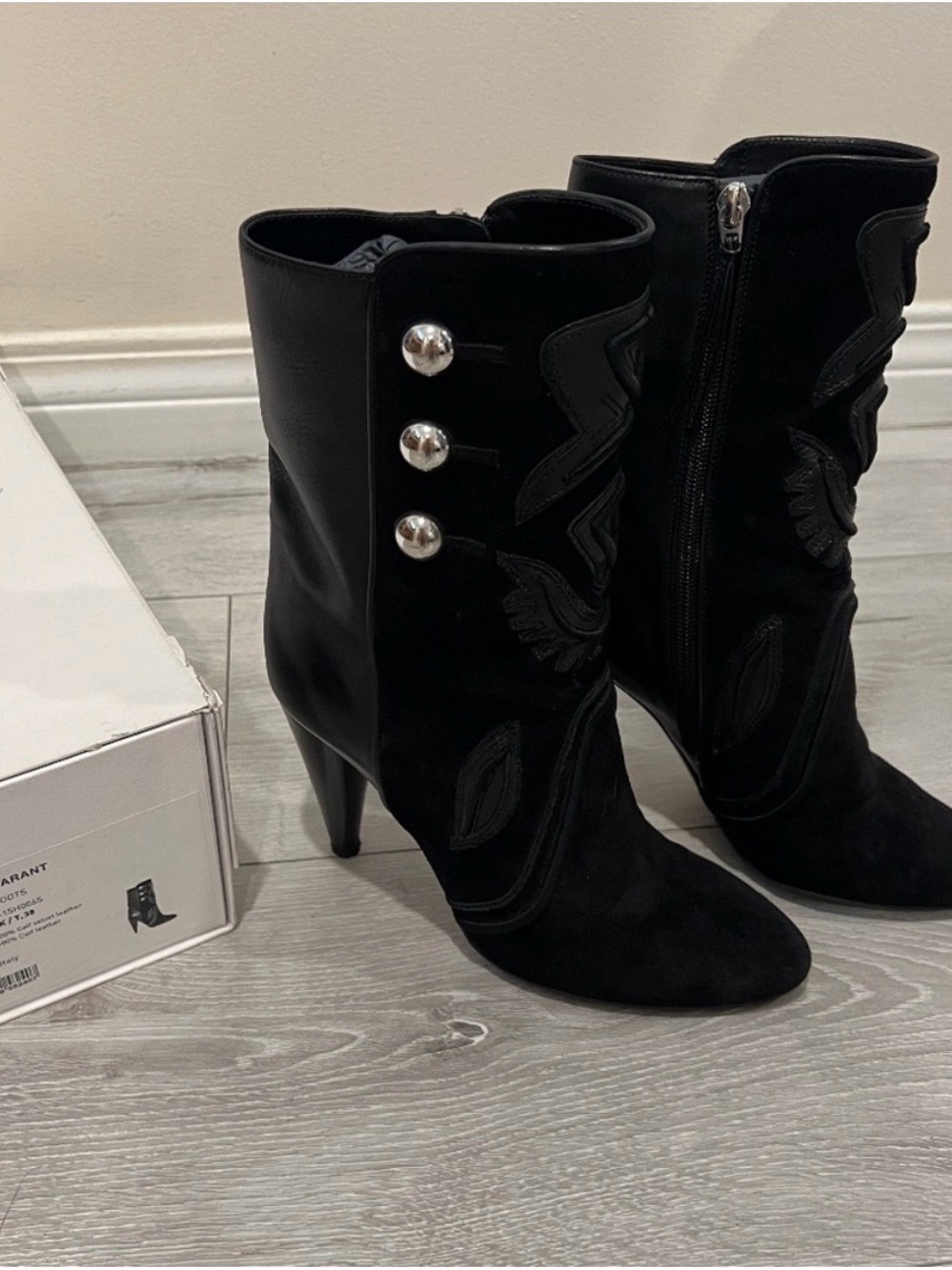 Isabel Marant Black Suede Embroidered Ankle Boots with Button Detail